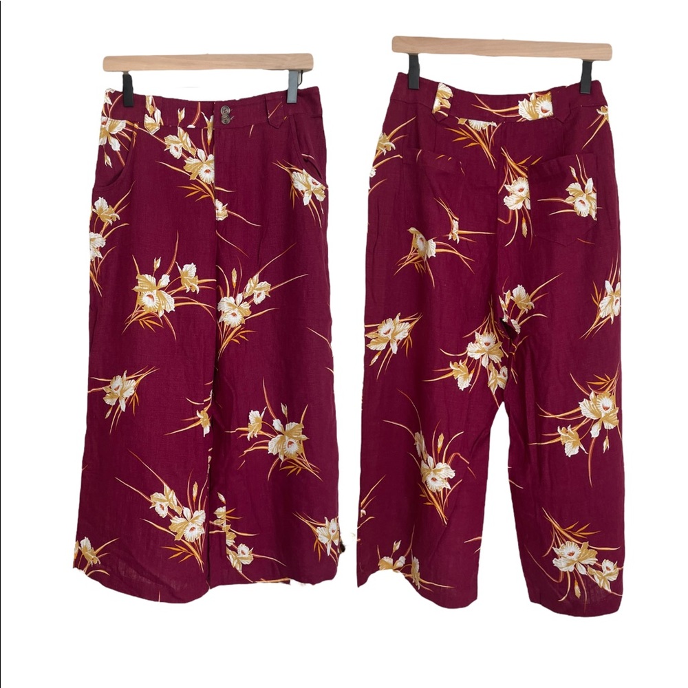 Modcloth Fuchsia Pink Floral Linen Blend Wide Leg Pants Size 8